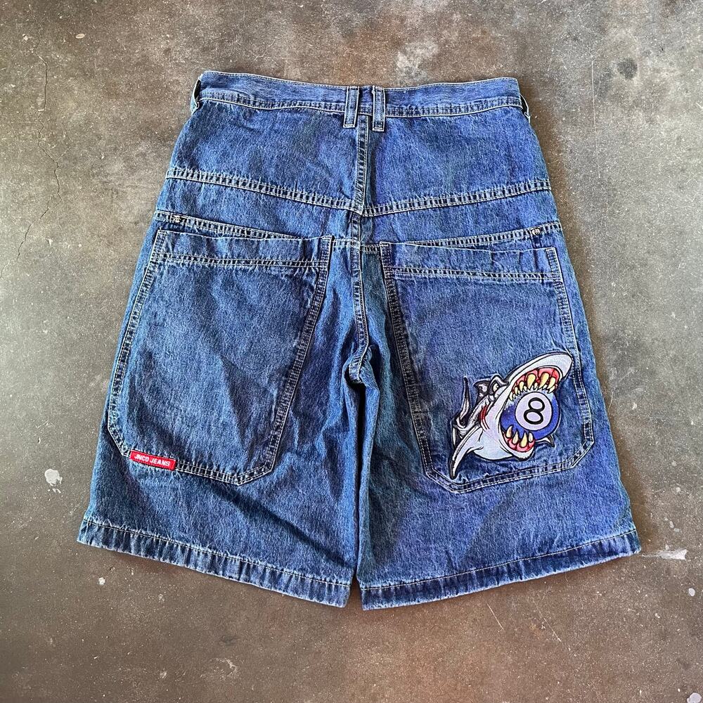2000s Rare 8-ball shark baggy Jnco jorts skater grunge Embroidery size 34 fit 32